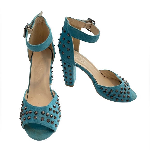 torrid Shoes - TORRID Blue Faux Suede Studded Spike Ankle Strap Block Heels Sandals Size US 8